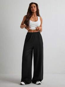 Women's Casual Solid Color Wide Leg Pants - Black - View 5