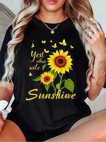 1 pieza de playera  para hombre y mujer, 100% algodón puro, cuello redondo casual con estampado, manga corta transpirable para uso diario. Estampado brillante de girasol amarillo y mariposa naranja para mujeres. - Negro - Ver 1