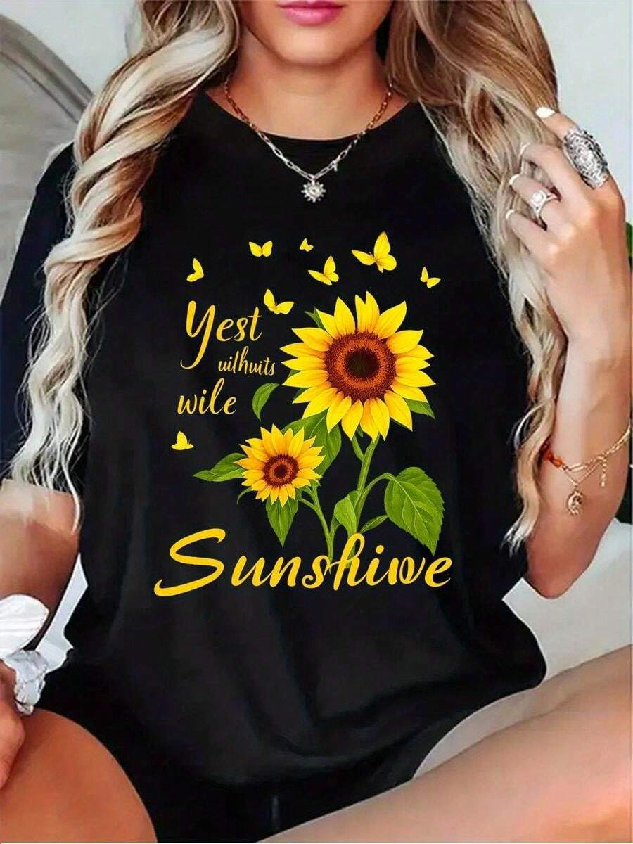 1 pieza de playera para hombre y mujer, 100% algodón puro, cuello redondo casual con estampado, manga corta transpirable para uso diario. Estampado brillante de girasol amarillo y mariposa naranja para mujeres. - Negro - Ver 1