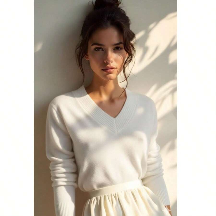 Women's Sweater With Collar, Blouse, Elastane, Simple, Polyester, V-Neck, Formal And Evening, Winter - 白色 - 查看 1