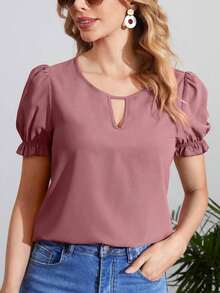 Blusa con cuello de ojal y manga abullonada, blusas de manga corta - Rosa - Ver 1