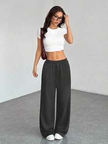 Pantalones de chándal de mujer de punto de unicolor, cómodos y casuales con pierna ancha - Gris Oscuro - Ver 4