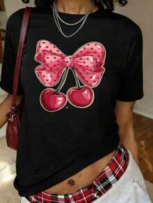 Camiseta con Estampado de Lazo de Cereza, Manga Corta, Cuello Redondo, Estilo Casual para Verano y Primavera, Ropa de Tallas Grandes para Mujer - Negro - Ver 7