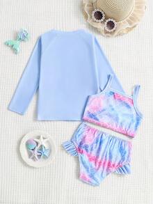 Young Girl Long Sleeve Rash Guard Swimwear Set, Featuring Raglan Sleeve Design For Swimming Pool Or Water Park Activities, Stylish And Provides Basic Water Sports Protection. - Baby Blue - View 8