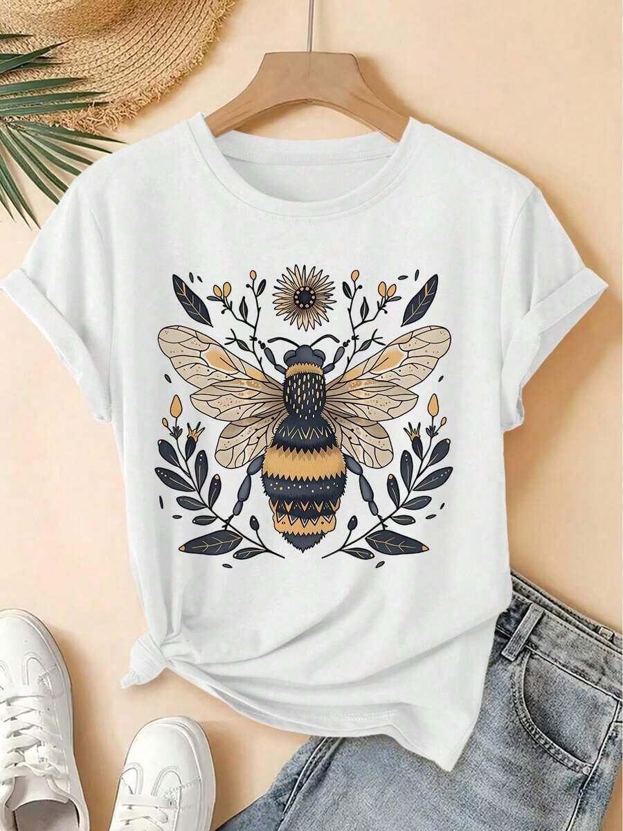 Camisa de manga corta con cuello redondo y estampado floral de estilo vintage, top holgado estilo forestal, moda elegante para fiestas primavera-verano 2026, ropa versátil para mujer de puro algodón. - Blanco - Ver 1