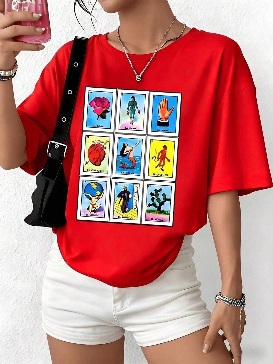 Cool Vibe. The Image Shows Mexican Lottery Cards Symbolizing Love, Strength, Beauty, Hope, And Destiny In Vibrant Colors. Women's T-Shirt, 100% Soft And Comfortable Cotton, Perfect For Everyday Wear. - 紅色的 - 查看 1