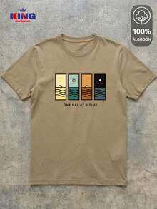 King T-shirt Playera 100% algodón de excelente calidad, esta playera garantiza una suavidad excepcional al tacto, cuello redondo con estampado "One Day At A Time Landscape Panels" y manga corta - Caqui - Ver 2