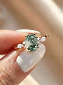 1 pieza Anillo de plata de ley 925 con malaquita ovalada y circonita cúbica engastada en 4 garras, regalo elegante para mujer de compromiso, boda, aniversario, anillo de promesa - Oro rosa - Ver 4
