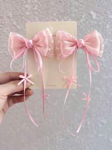 2pcs Girls' Sweet Elegant Lace Mesh Bow Ribbon Hair Clips - Baby Pink - View 6