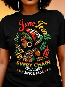 Ropa de verano para mujer de talla grande, camiseta de manga corta estampada para mujer con temática del Día de Junio, top casual, estilo coreano, manga corta holgada. - Negro - Ver 2