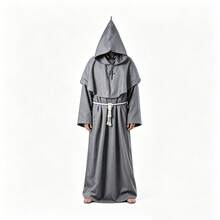 1 Set Men's Halloween Cosplay Medieval Cloak Monk Robe Wizard Priest Gown With Hood, Waist Rope & Necklace - Grey - View 7