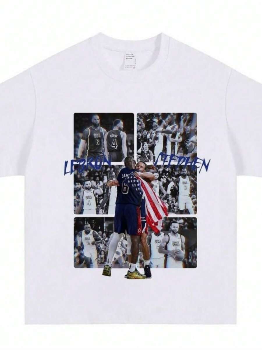 playeras de mujer LeBrons James & Stephen Curry Basketball T Shirt Unisex Oversized Pure Cotton Short Sleeve USA Team Cool Vibe Fan Favorite Top - Blanco - Ver 1