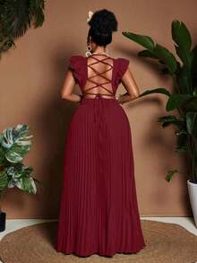 Maweii Vestido elegante con cuello en V, mangas cortas, espalda descubierta y pliegues, talla grande - Burdeos 2 - Ver 2