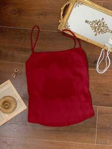 Top tipo tirantes para mujer sin espalda con lazo en color marrón chocolate satinado - Rojo - Ver 5