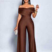 Fengyu Women's Clothing Store  Monos elegantes de mujer de unicolor con cruce y fruncido en los hombros descubiertos - Negro - Ver 6