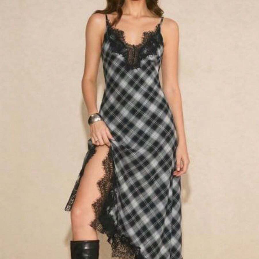YijiaNvz Vestido largo de satén con abertura alta y parches de encaje de unicolor para mujer - Multicolor - Ver 1