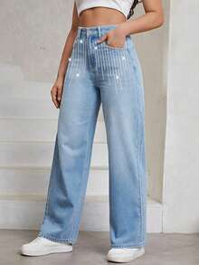 ALO FASHION Jeans de mujer estilo vintage, lavados, de pierna ancha, cintura alta, mezclilla larga con decoración de pedrería brillante. - azul real - Ver 5