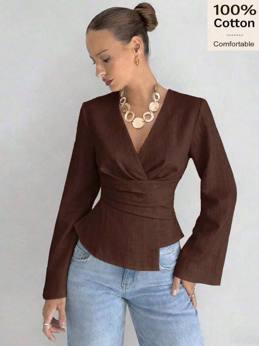 Camisa ajustada de mujer de manga larga con cuello en V a rayas - Café integral 2 - Ver 1