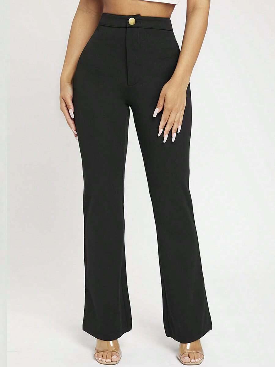 PETITE Pantalones negros de mujer de cintura alta y pierna acampanada - Negro - Ver 1