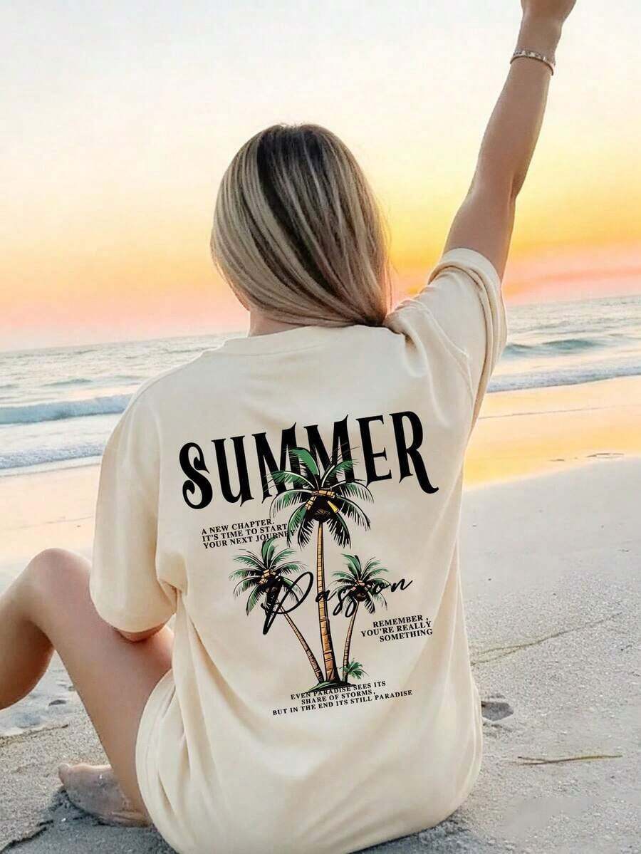 Nueva Camiseta de Verano para Mujer, Casual, de Cuello Redondo, Color Camel, Manga Corta, con Estampado Minimalista de Cocotero y la Letra "SUMMER", Versátil y a la Moda, Adecuada para el Ocio Diario y Vacaciones de Primavera. - Albaricoque - Ver 1
