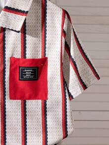 2pcs/Set Boys' Casual Striped Print Pattern Decorated Patch Short Sleeve Top And Solid Color Faux Drawstring Shorts, Spring/Summer - Red - View 5