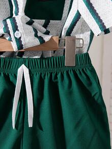 2pcs/Set Boys' Casual Striped Print Pattern Decorated Patch Short Sleeve Top And Solid Color Faux Drawstring Shorts, Spring/Summer Outfit - Green - View 9
