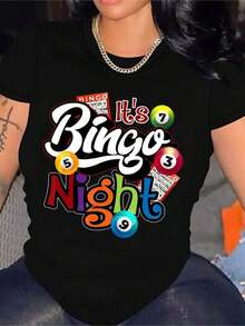 1 camiseta gráfica de Bingo Night, camiseta casual de manga corta con cuello redondo, patrón geométrico, longitud regular para todas las estaciones.Camiseta casual de manga corta con cuello redondo de talla estándar, cómoda y versátil para todas las estaciones.Transpirable y cómoda. - Negro - Ver 7