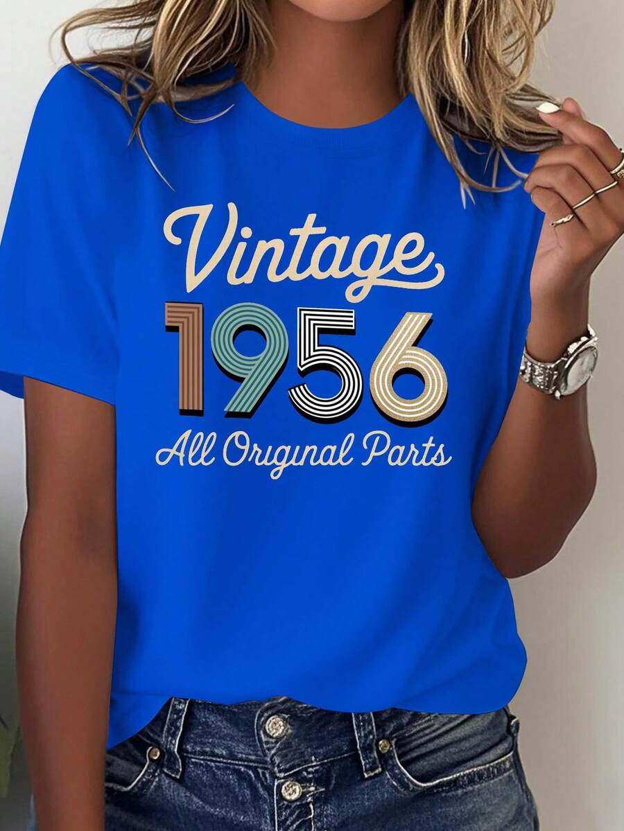 Camiseta Vintage para Mujer de 1956 con Componentes Totalmente Originales - 100% estilo retro de los años 50, ropa casual cómoda de manga corta, cuello redondo y corte holgado, con un estampado vintage de 1956 y estilo moderno de mediados de siglo (lavable a máquina) - Adecuada para eventos temáticos y uso diario - Diseño vintage con patrón geométrico rojo y dorado y letras desgastadas - Corte holgado para todas las estaciones, camiseta de manga corta para mujer, blusa casual mujer. - Azul - Ver 1