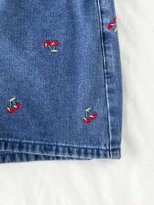 Conjunto de top sin mangas con bordado de cerezas y shorts vaqueros casuales para mujer, de verano - Lavado ligero 2 - Ver 5