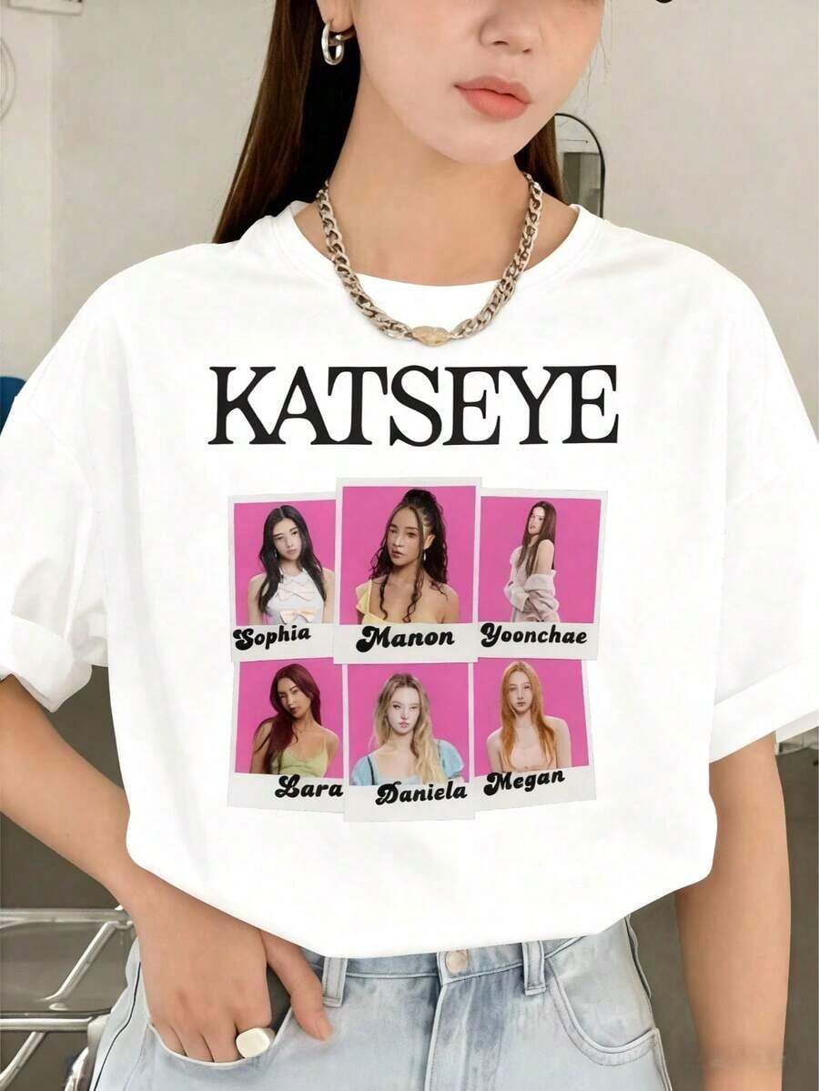 KATSEYE Girls' Christmas T-Shirt, Ships From Mexico, High-Quality Breathable Fabric, Casual Summer T-Shirt For Girls, Round Neck And Short Sleeves, Unisex Style, Christmas Gift, New Year's Gift, Free Shipping - 白色 - 查看 1