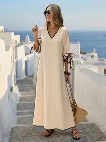 Vestido holgado con cuello en V y ribete de contraste para mujer Breezay, vestido bohemio de verano para vacaciones, vestido de lino informal maxi para mujer, conjunto de lino de dos piezas para mujer, vestido envolvente para mujer, vestidos de verano para mujer, vestidos bohemios de playa y cubrecuerpos para mujer - Albaricoque - Ver 3