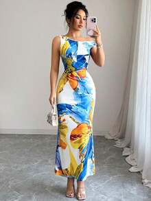 1 pieza Vestido ajustado con estampado floral y cintura ceñida en el hombro oblicuo - Azul - Ver 1
