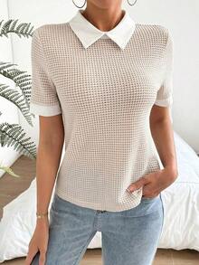 Camiseta casual de mujer con parches, de manga corta, versátil para ir al trabajo y salidas - Albaricoque - Ver 4