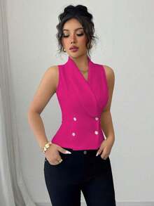 Camisa sin mangas elegante y de moda para mujer, cuello redondo, bolsillo con botones delanteros, cintura ceñida, abertura lateral, detalles de cuello, puños y bajo en color blanco y negro - Rosa Fucsia - Ver 3