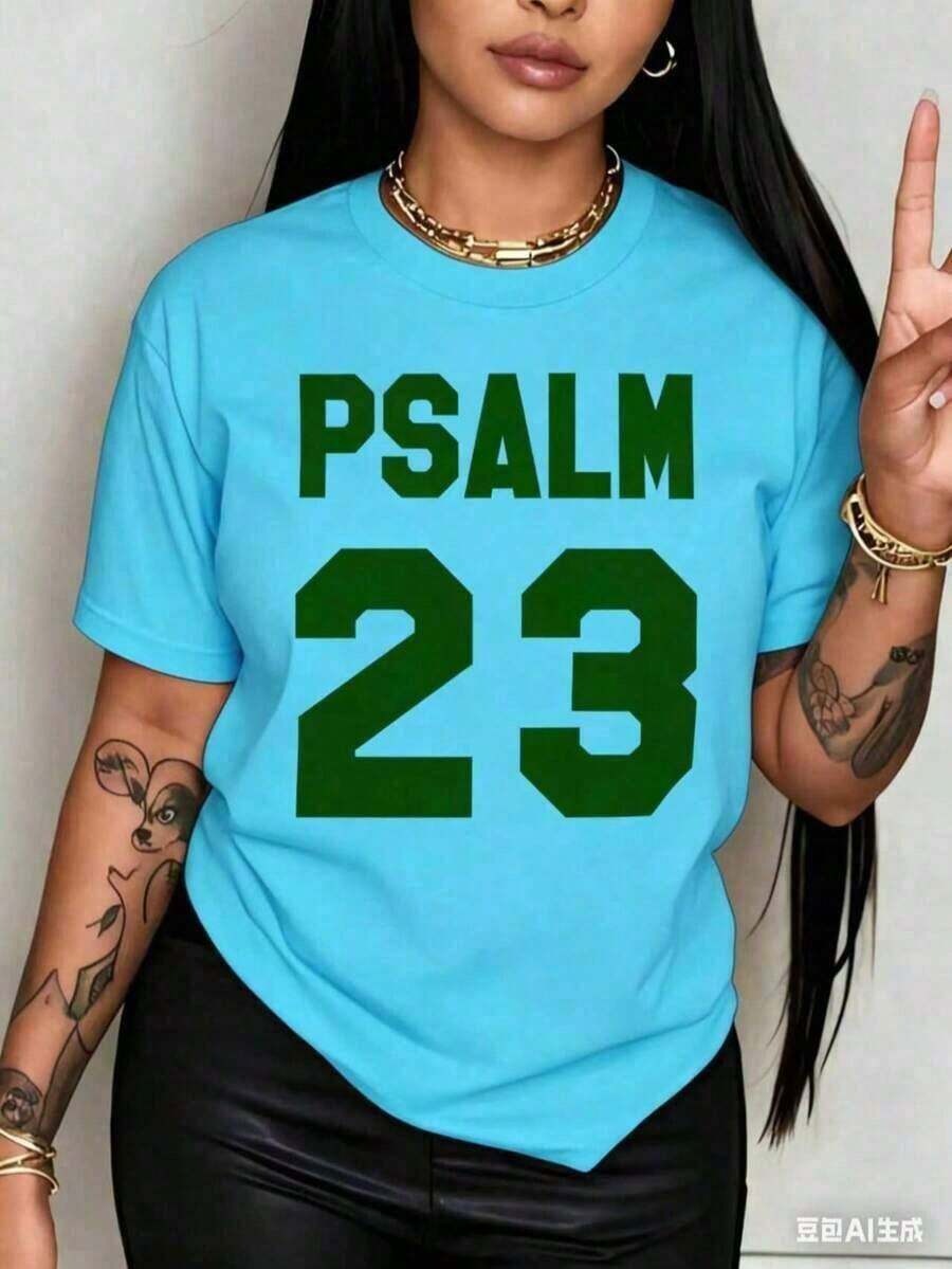 Women's Summer Tops - Breathable T-Shirt With Psalm 23 Bible Verse Print, Lightweight, Crew Neck, Short Sleeve, White With Green Text, Casual Loungewear - Washable Summer Top (US Sizes) Fashionable, Loose, And Comfortable Women's Summer Clothing - 藍色 - 查看 1