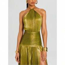 Sleeveless Halter Neck Dress With Metallic Pleats, Side Slit, Adjustable Drawstring, And Open Back, For Women - Gold - View 2