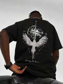 Camiseta de manga corta de corte holgado con estampado de doble cara para hombre Fractyr, con patrón de brújula y águila "Persiguiendo sueños" en estilo vintage de ropa de trabajo, cuello redondo, adecuada para uso diario urbano - Negro - Ver 5