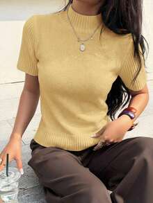 Blusa de punto de cuello alto de unicolor de manga corta para mujer, para todas las estaciones - amarillo ganso - Ver 4