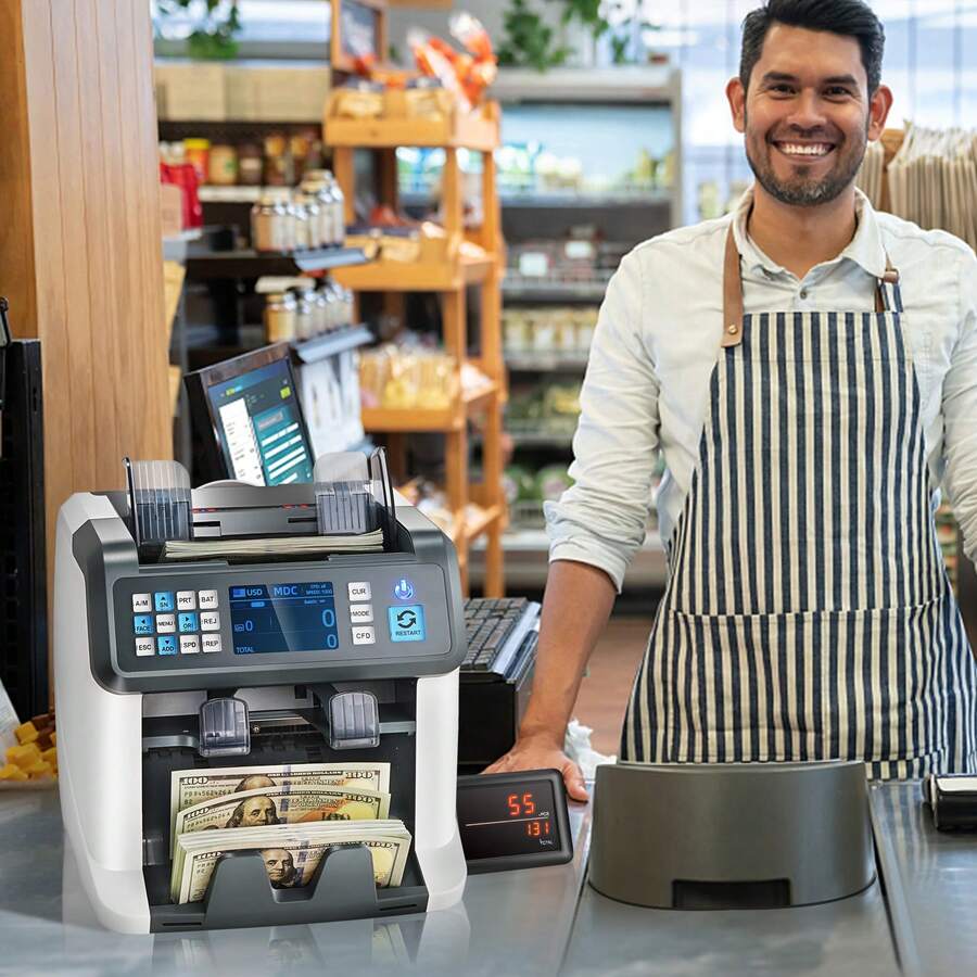Geldzählmaschine, Banknotenzähler mit Gemischten Nennwerten, 2CIS, SN, UV, IR, MG, DD Falschgelderkennung, Mehrere Währungen, Wertzähl- und Sortiergerät, Drucker Aktiviert - Top Ladbar 2 Doppel CIS - Übersicht 1