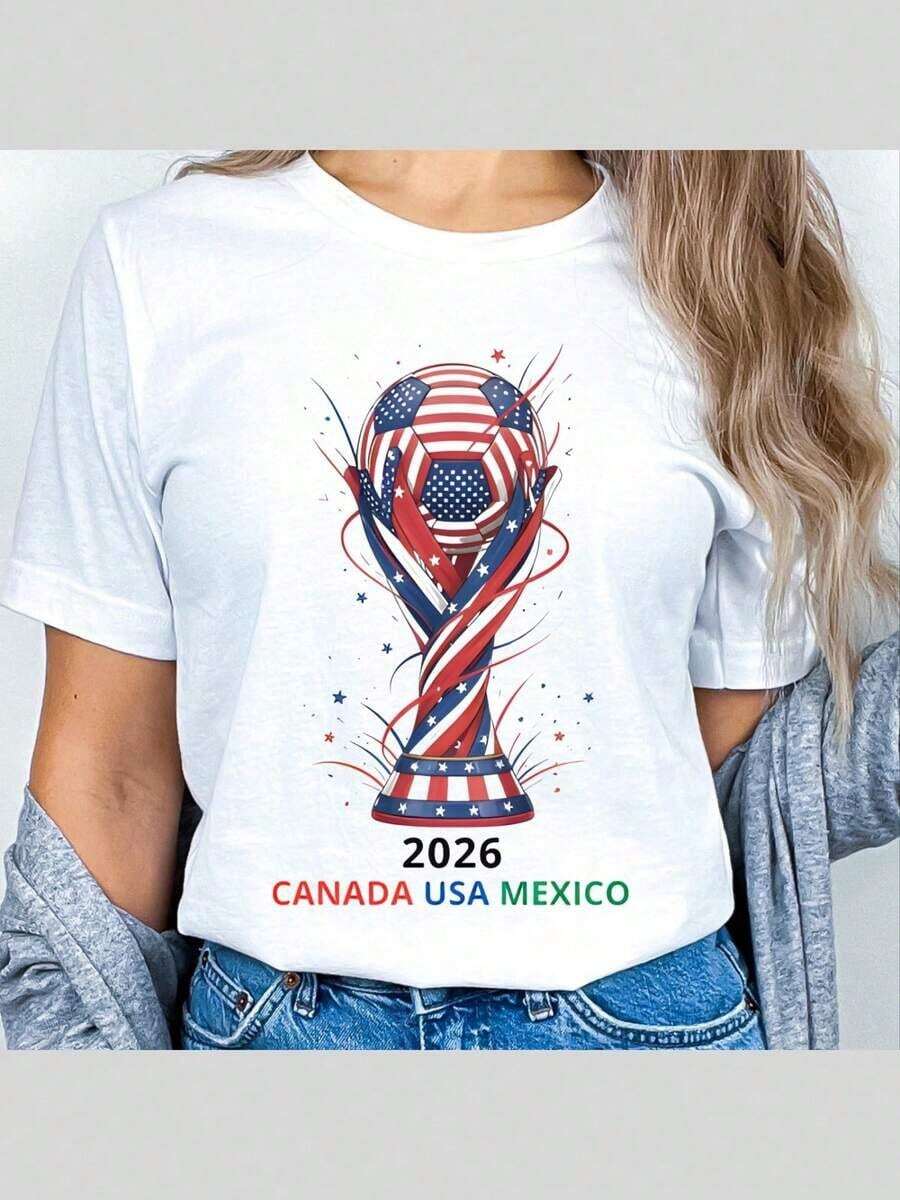 1 pieza Camiseta unisex de la Copa Mundial 2026 de EE. UU., Canadá y México, Camiseta de regalo para el día del partido de la Copa Mundial, Camiseta para el día del partido de fútbol, Camiseta para fanáticos del fútbol, 180g Algodón 100% - Negro - Ver 1