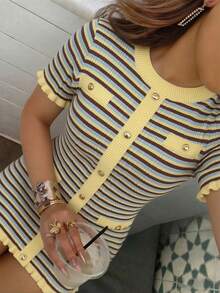 Women's New Spring/Summer Elegant Striped Contrast Color Metal Button Dress, Graceful Ruffle Hem Yellow Striped, Front Button Design, Suitable For Commuting, Daily Dates And Photo Shoots. - Multicolor - View 2