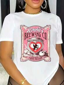 1 pieza de camiseta estampada de moda para el Día de San Valentín para mujer, top casual de cuello redondo con patrón de alfabeto, de algodón - para usar en todas las estaciones. - Blanco - Ver 1