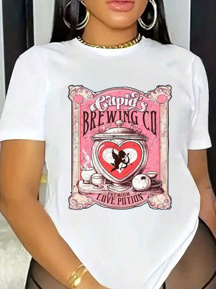 1 pieza de camiseta estampada de moda para el Día de San Valentín para mujer, top casual de cuello redondo con patrón de alfabeto, de algodón - para usar en todas las estaciones. - Blanco - Ver 1
