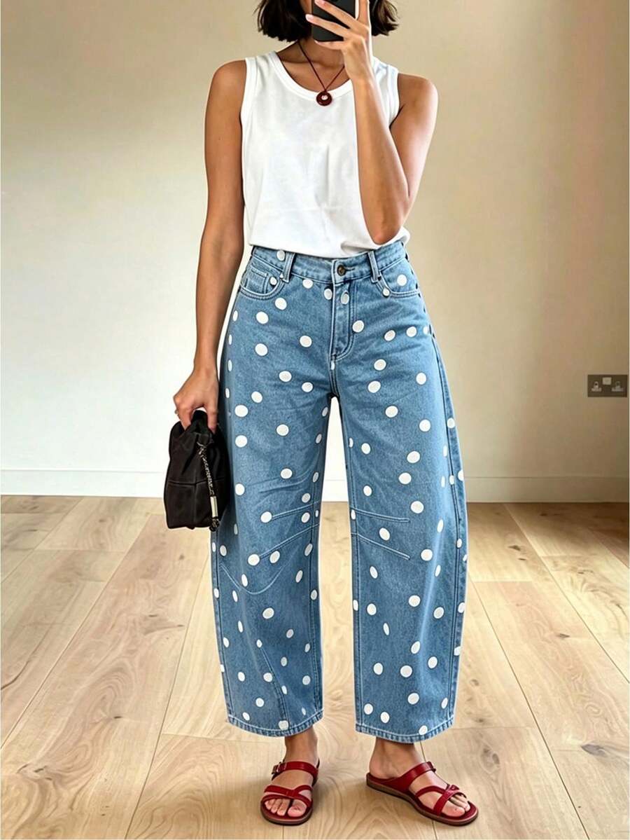 Women's Fashion Polka Dot Wide Leg Jeans, Loose Barrel Pants At The Mid-Waist, Aesthetic And Casual Y2k Jeans, Suitable For Everyday Street Wear - 淺藍色 - 查看 1