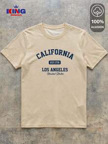 King T-shirt Playera 100% algodón de excelente calidad, esta playera garantiza una suavidad excepcional al tacto, cuello redondo con estampado "California Los Angeles Varsity" y manga corta - Beis - Ver 2