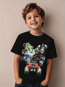 Vibrant Monster Trucks Graphic T-Shirt For Kids - Fun Black T-Shirt With Colorful Truck Designs, Perfect For Everyday Wear And Outdoor Adventures - Stylish And Attractive Fashionable Children's T-Shirt - 黑色 - 查看 6