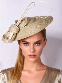 HIMESPORT Elegant Fascinator Hat | Wedding Derby Cocktail Straw Wide Brim | Women's Vintage Formal Church Tea Party Dress| Summer Beach Mother Bride Hats - Solid Color - View 4