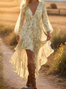 Women's Boho Floral Print Long Sleeve Midi Dress Deep V Neck Casual Asymmetrical Tunic For Fall - White - View 1