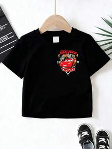 Summer Boys' Lightning McQueen T-Shirt - Boys' Disney *Cars* Printed Tee - Casual Pure Cotton Top With Double-Sided Front And Back Print - màu đen - Xem 5