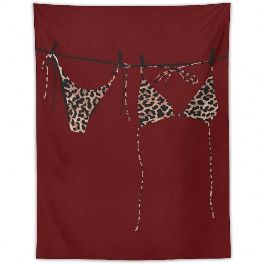 Cherry Red Leopard Bikini Tapestry Wall Hanging Funky Y2k Aesthetic Bedroom Prints Vintage Cheetah Tapestries Decor Preppy Girls Room Dorm Apartment 30x40inch - As Shown In the Figure - View 1